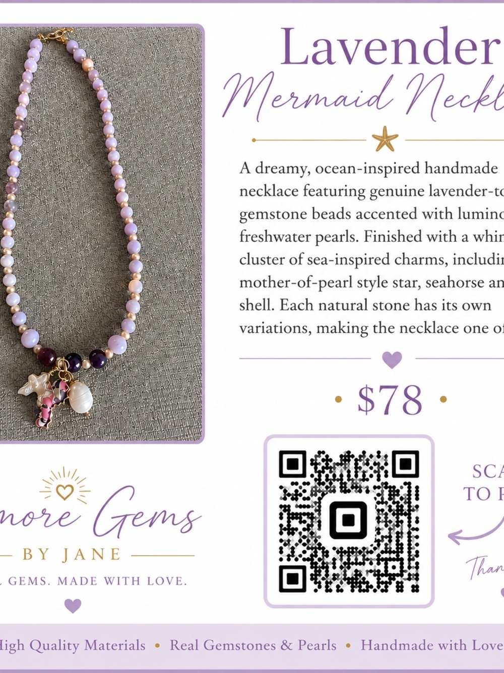 Lavender Mermaid Necklace by - Lavender & Gold Charm Necklace
